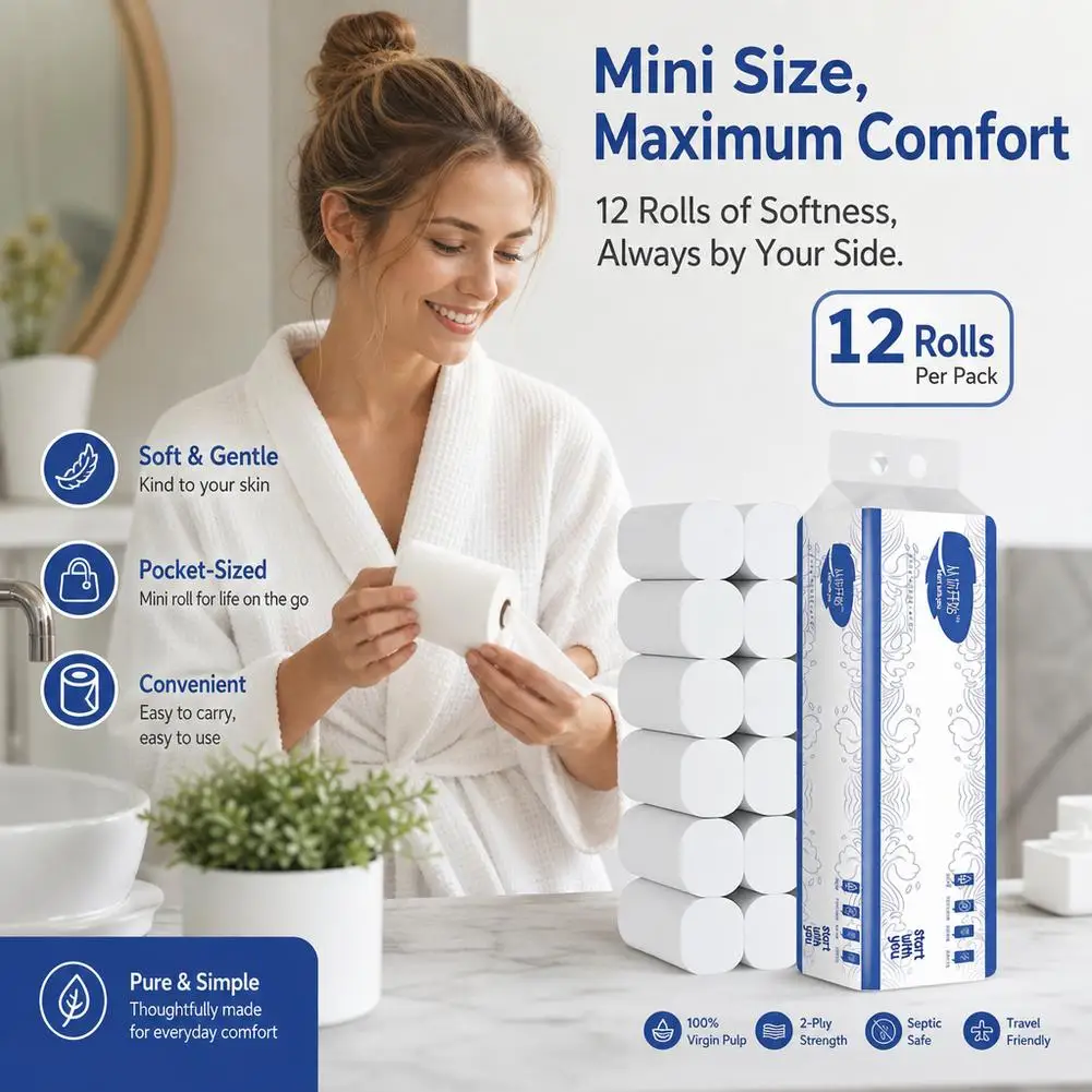 12 Rolls Mini Toilet Paper 5‑Ply 100% Virgin Wood Pulp Soft Skin‑Friendly Absorbent Lint‑Free Portable Bathroom Tissue for Home