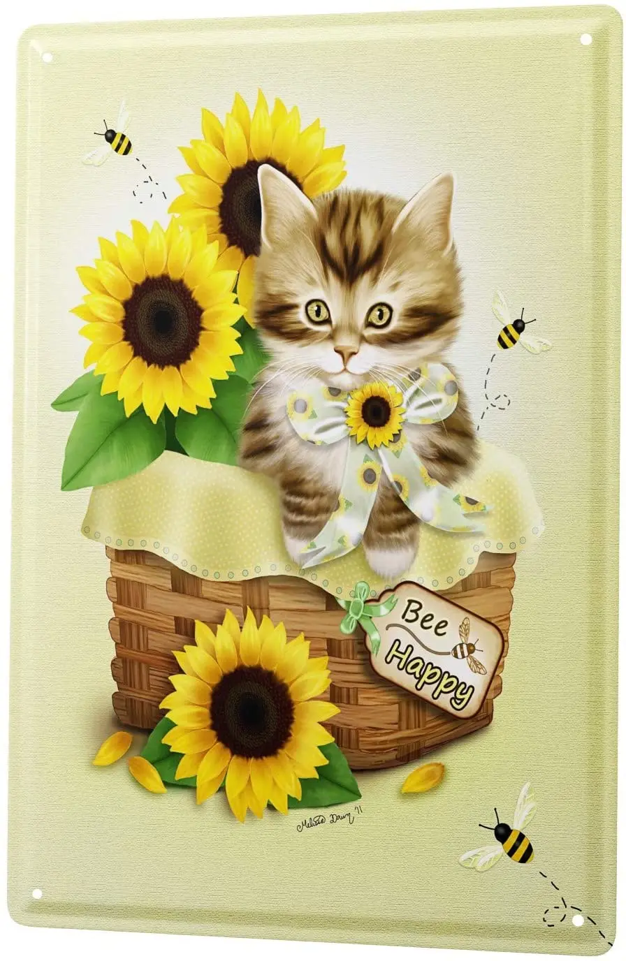 LEotiE SINCE 2004 Tin Sign Metal Plate Decorative Sign Home Decor Plaques 30 x 40 cm Cat Kitten in a Basket Sunflowers Bees sign