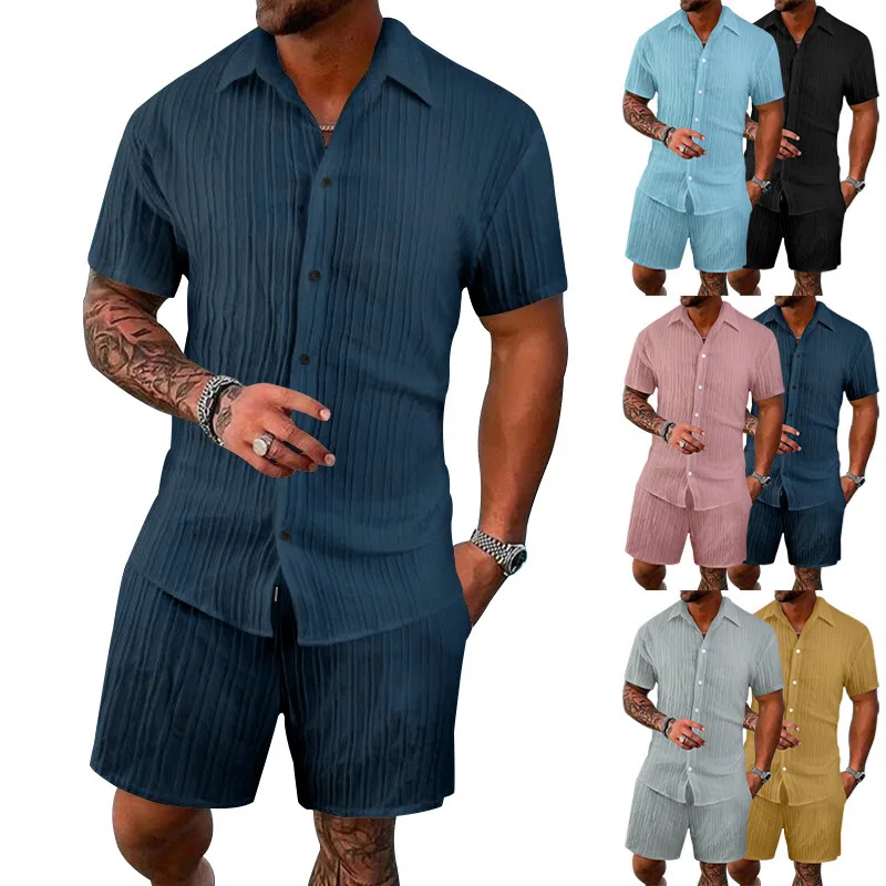 Mens Summer Leisure Sports Suit Trend Loose Solid Color Breathable Cardigan Short Sleeve Shirt Suit