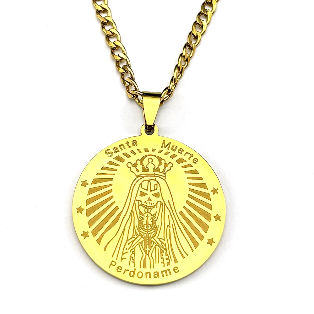 Mexikanische Santa Muerte Perdoname Anhänger Halskette für Frauen Männer Edelstahl Gold Farbe Schädel Stern Medaille Amulett Kette Schmuck – Detail 9