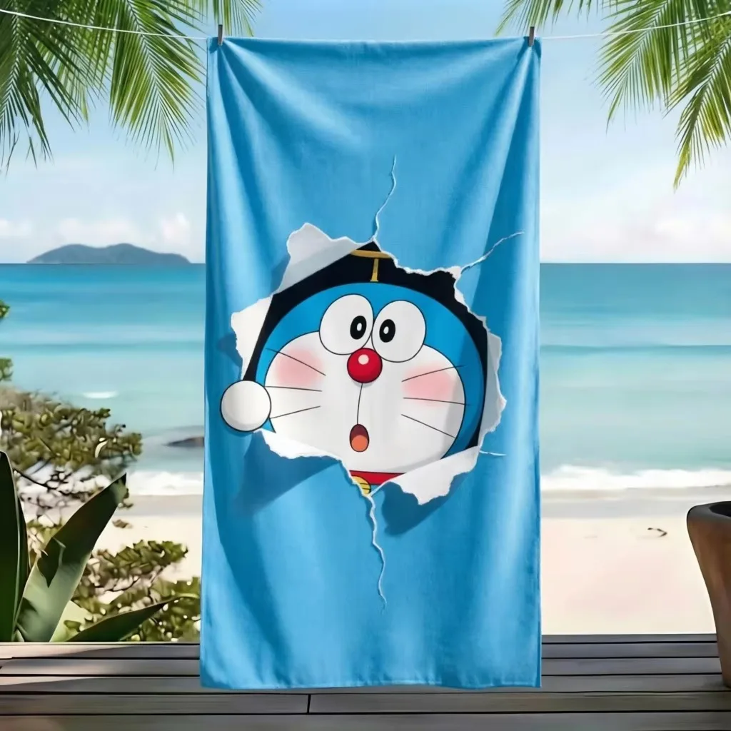 Doraemon Blue Solid Background Peeking Print Beach Towel Microfiber Quick Dry Sand Free Robot Cat Kids Anime Lovers view 3