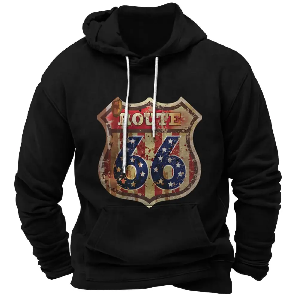 Route 66 Men\'s Hoodie Casual Pullover 3D Printed Pattern Sweatshirt Vintage Men\'s Clothing Autumn Winter Tops 2024 New Outerwear