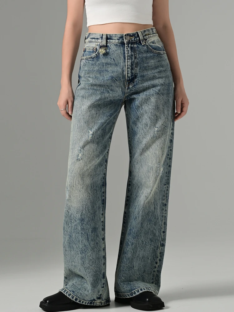 

Retro Blue Straight Leg Jeans High Waist Loose Stone Texture Waed Wide Leg Denim Pants Women's Premium Faion Jeans
