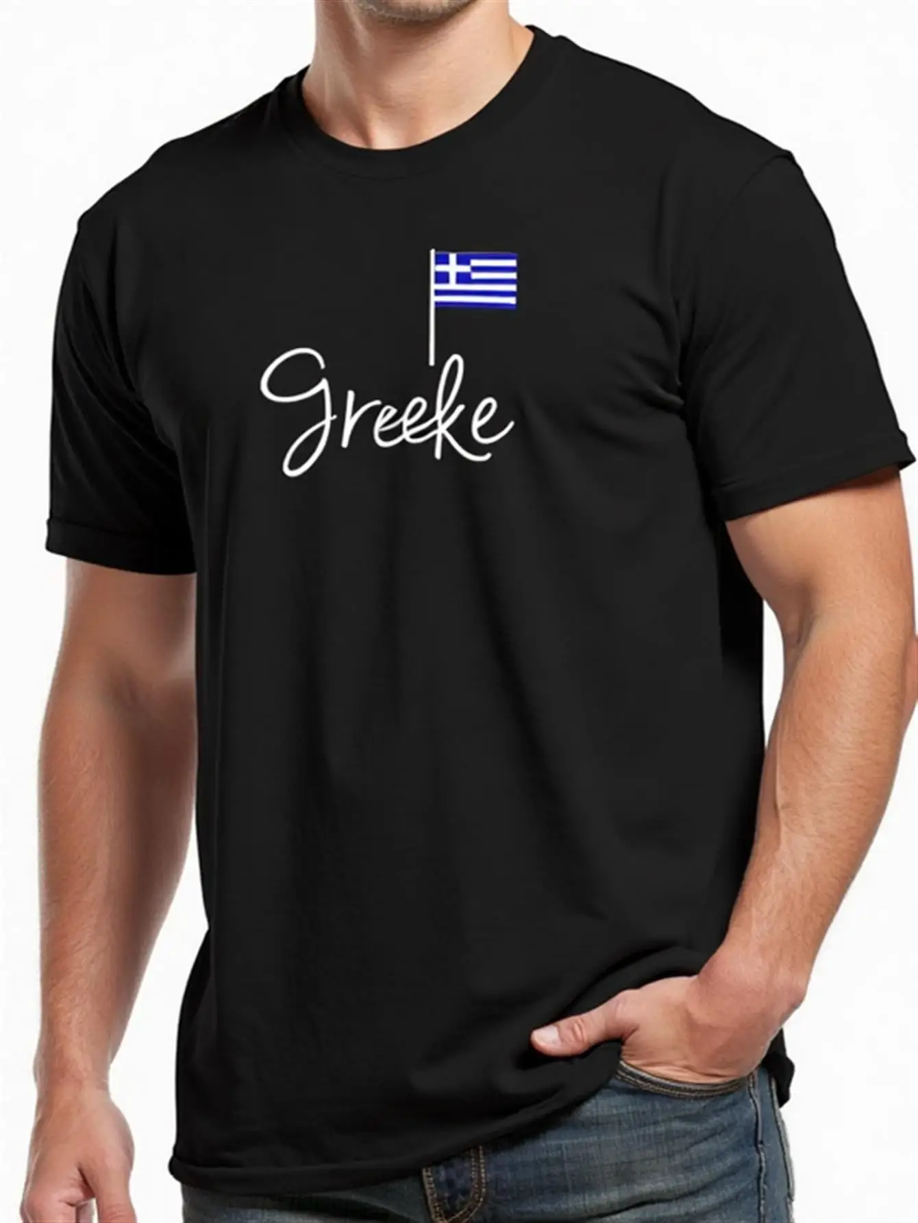 

Men's Modern Greek Key Pattern T-Shirt, 100% Pure Cotton, Light Olive Green, Short-Sleeved Casual Shirt, Abstract Geometric Print with Greek Flag-Inspired Design, Round Neck, Comfortable for All Seasons, Suitable for Everyday Wear and Greek-Themed Events