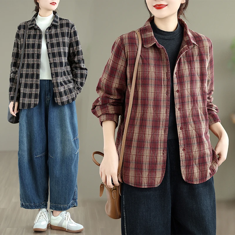 

Thiened Хлопковая клетчатая теплая верхняя одежда Long Sve irt Кардиган Женская мода Осень Зима Новый Sle Универсальный цветной тканый...