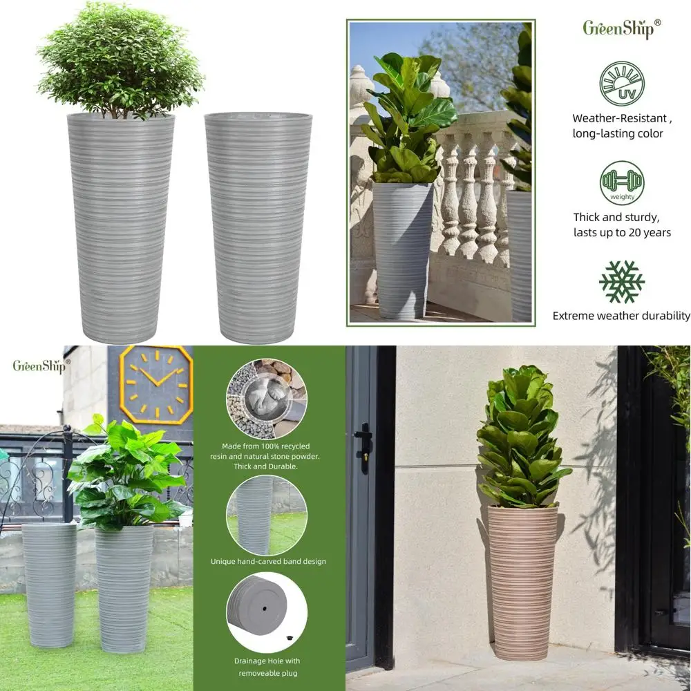 

Large Outdoor Porch Planters, 27 Inch Tall with Drainage, Light Gray, Set of 2