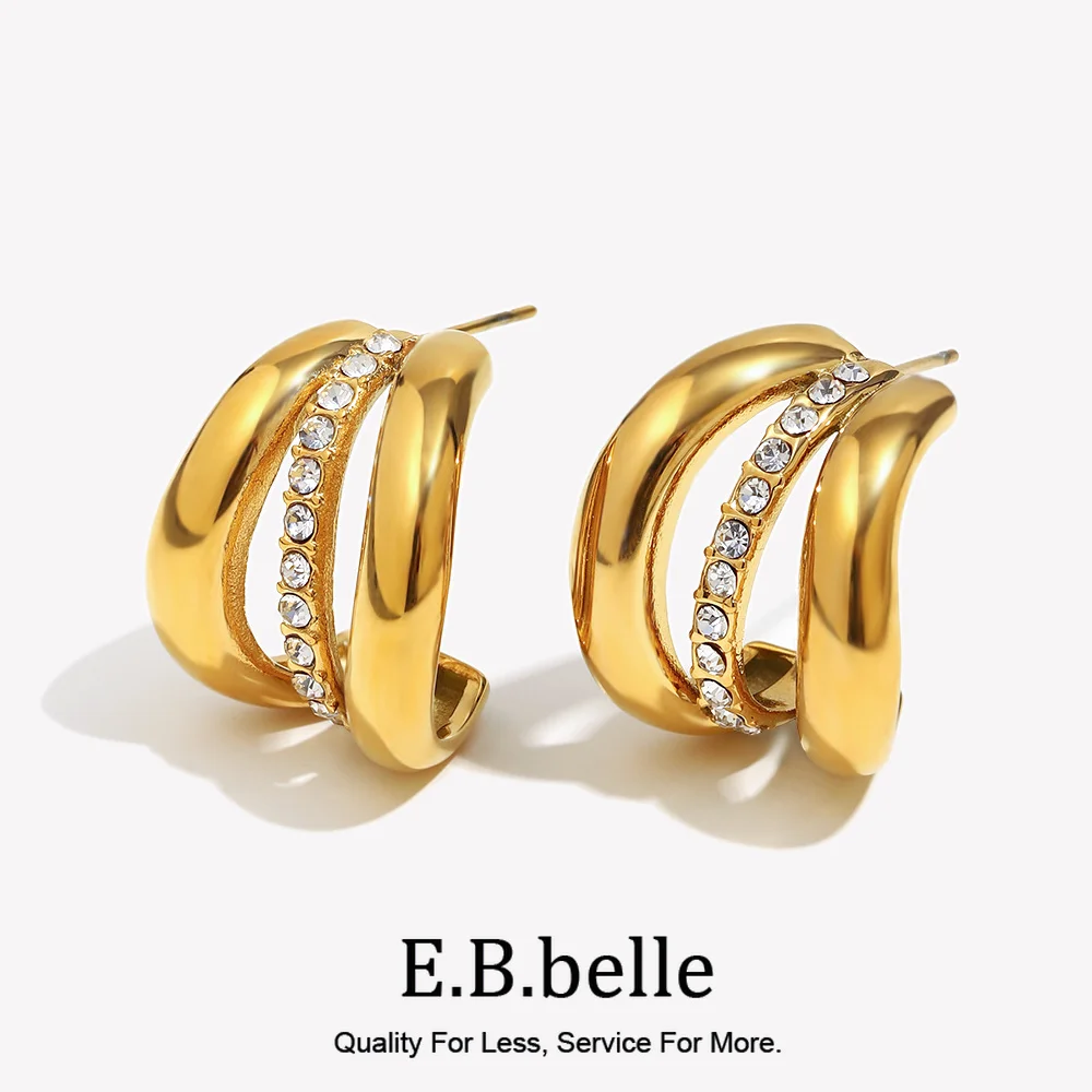E.B.belle PVD Plated Stainless Steel Three Layers Rhinestone Pumpkin Women Party Wedding Statement Trendy Ear Jewelry