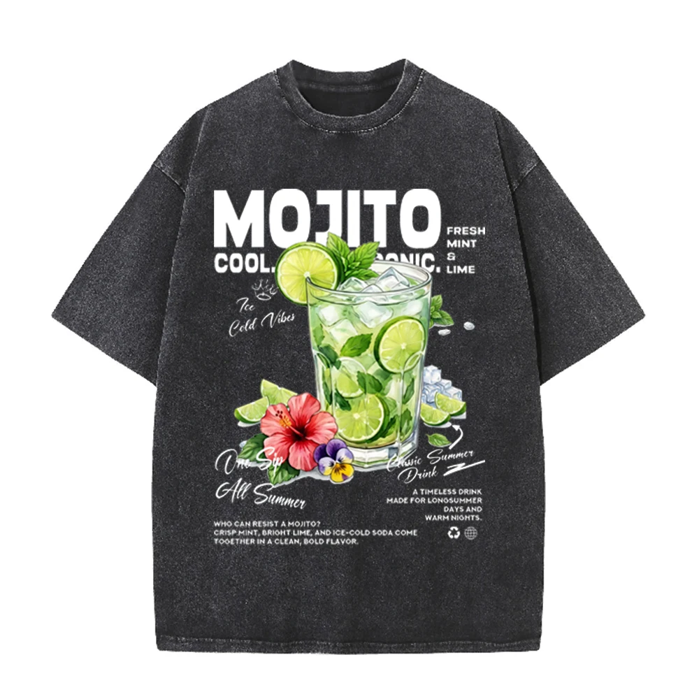 2026 Vintage Washed Black Mojito Cocktail Graphic T Shirt Summer Fruit Drink Floral Oversized Casual Streetwear Short Sleeve Tee