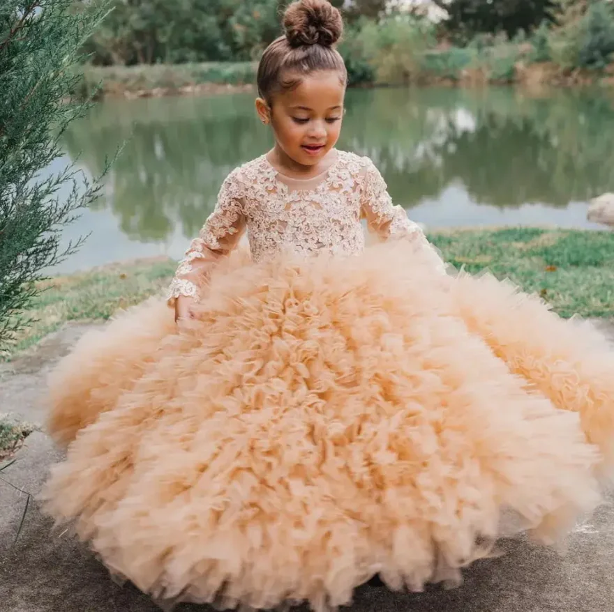 

Champagne Ball Gown Flower Girl Dress For Wedding Lace Puffy Tulle Full Sleeves Lace Birthday Gown Baby First Communion Dress