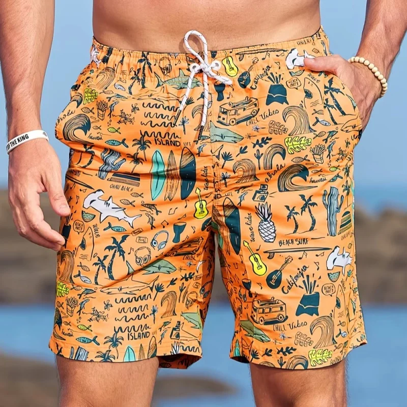 3D Printed Shark Coconut Tree Short Pants For Men Animal Plant Pattern Swim Trunks Hawaiian Casual Street Surfing Beach Shorts