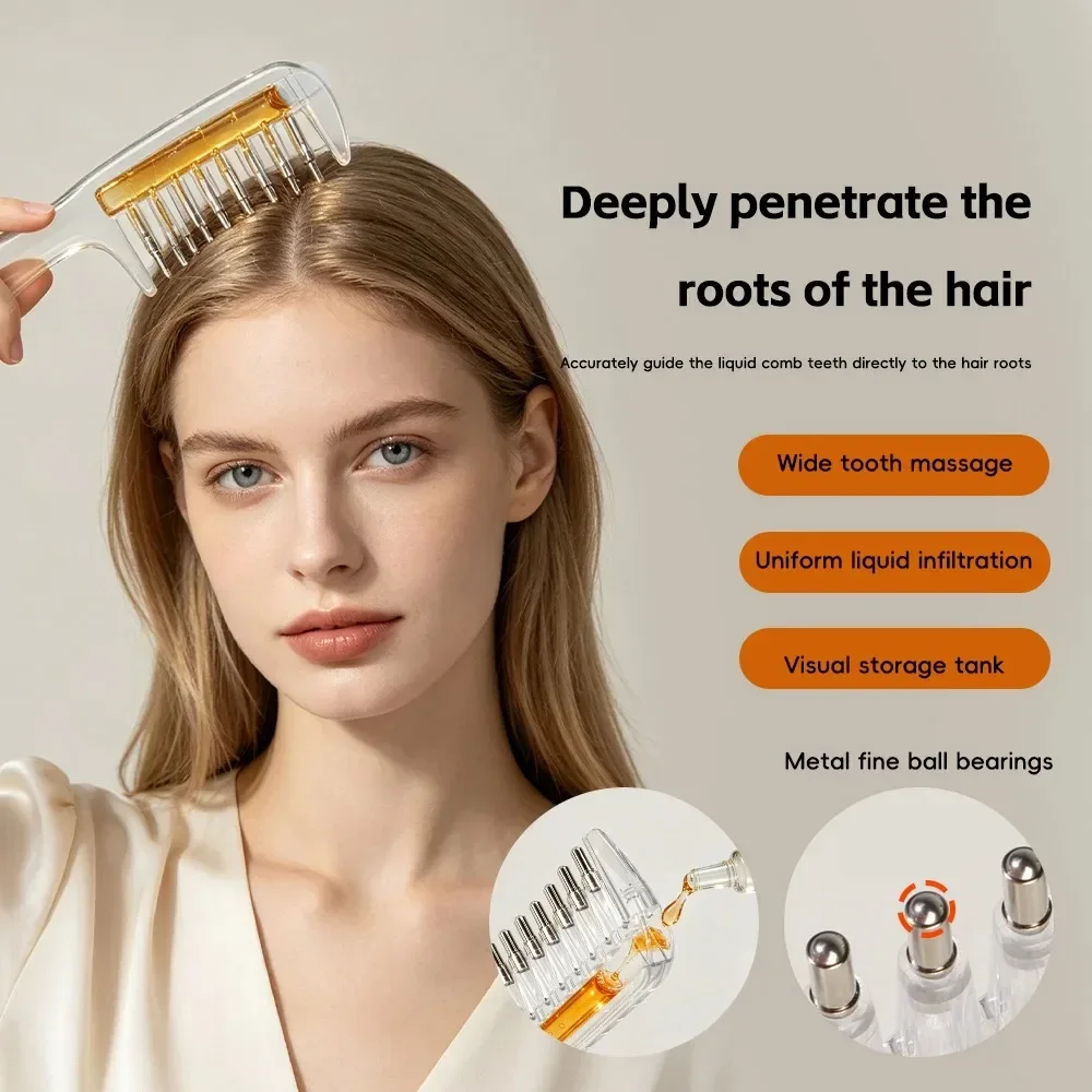 Unisex Transparent Essential Oil Applicator Massage Comb Built in Reservoir Rolling Metal Teeth Scalp Hair Beard Oil Grooming