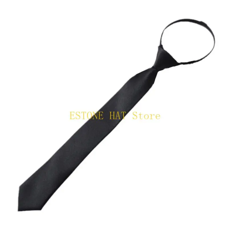 49MF Men Women Black Necktie with Adjustable Zipper Pre-Tied Color Uniform Tie