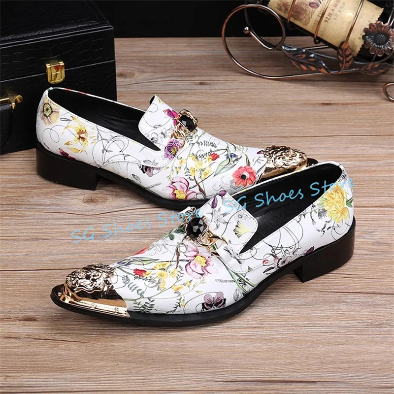 Handmade Genuine Leather Wedding Dress Shoes Male Derby Shoes Fashion Mixed Color Prints Crystal Chain Loafers for Men