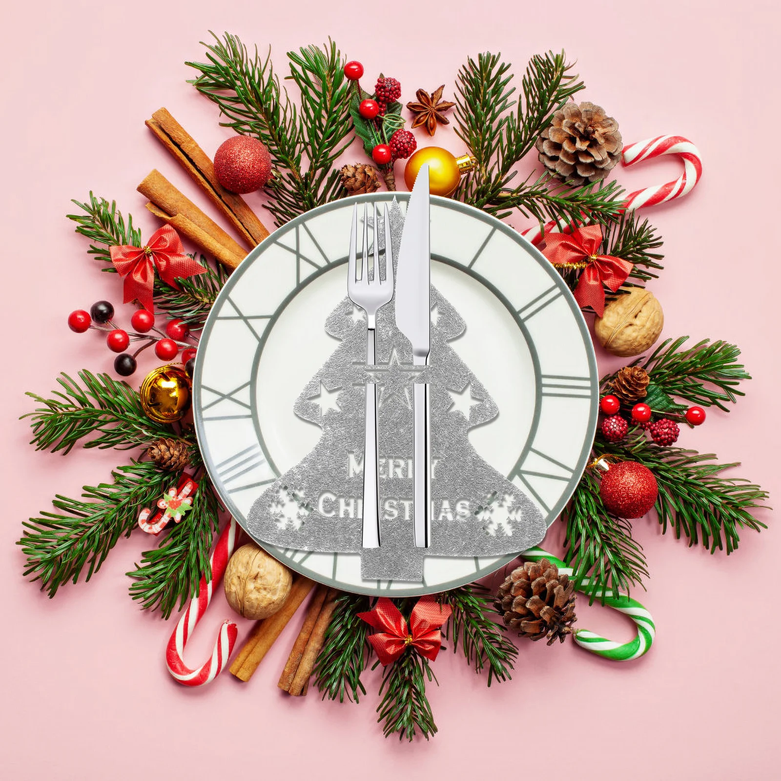 

4Pcs Xmas Cutlery Holders Christmas Tree Festive Felt Sleeves Silverware Storage Bags Table Dinning Party Decoration