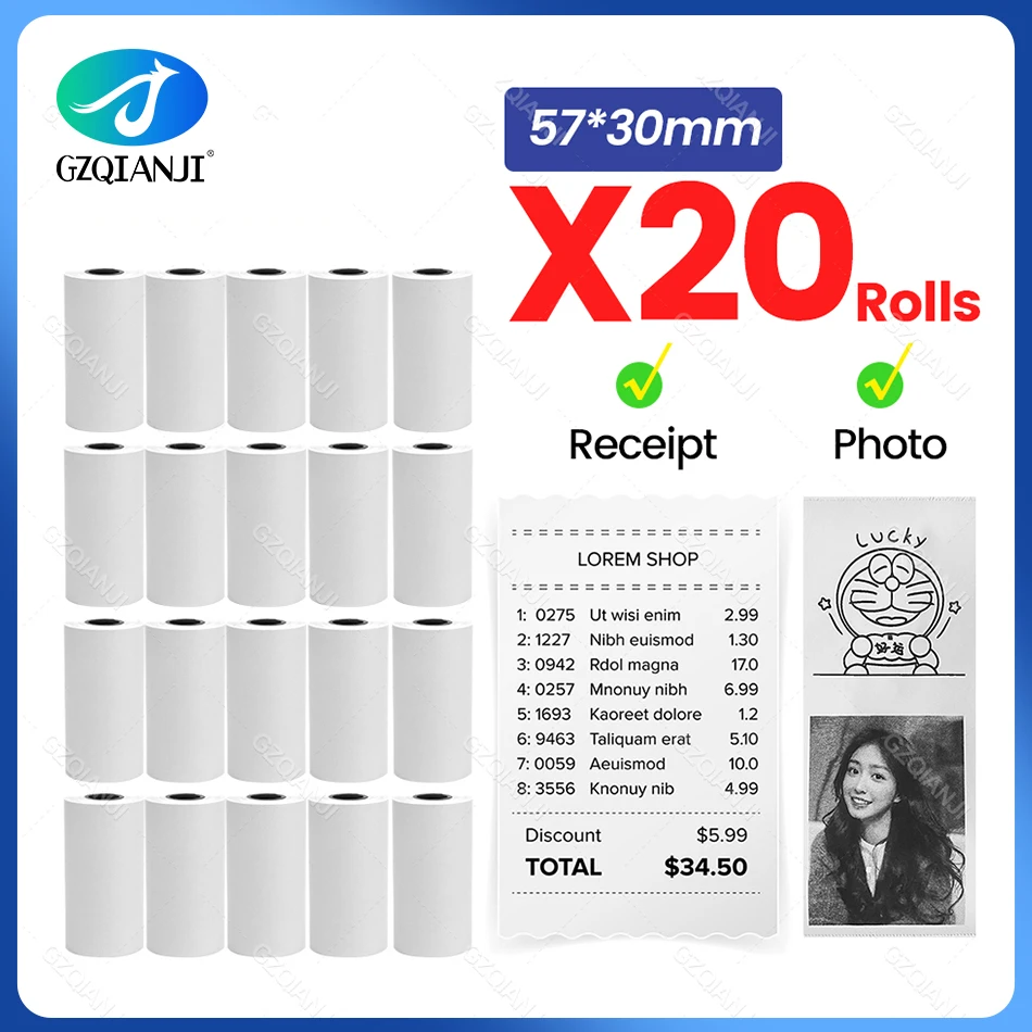 6 9 12 20 Rolls White Receipt Thermal Paper Rolls For Bill Printer and Photo Picture Printer 58 57*30mm Papers Roll