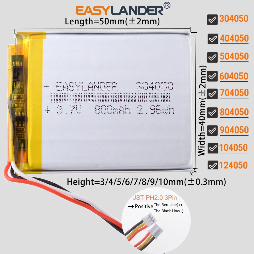 PH2.0mm 3-Pin 104050 3,7V 2400mAh Li-Polymer Li-Ionen-Akku Lipo 304050 404050 504050 604050 704050 804050 904050 124050