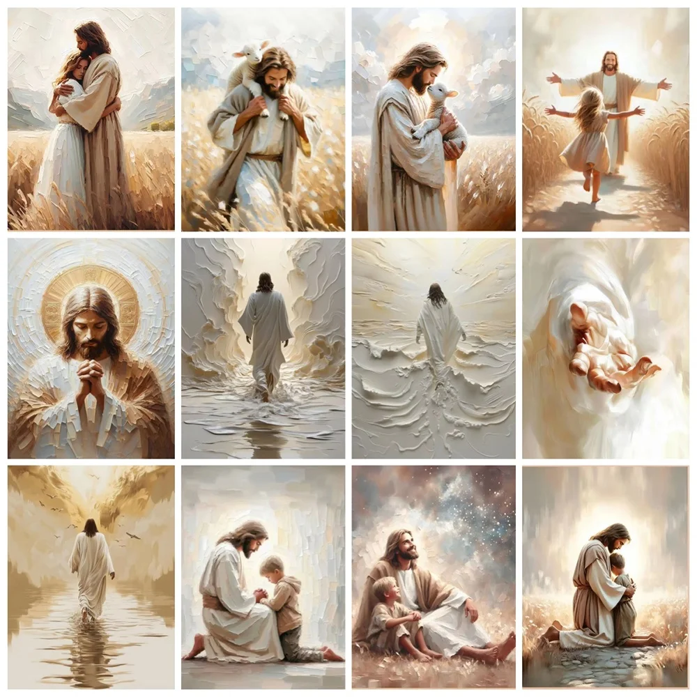 Christian Religion Holy Faith Jesus Walking on Water Art Poster Print Jesus Hugs Woman Canvas Painting Living Room Home Decor