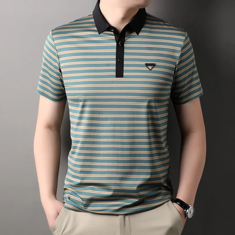 Seamless Summer Striped Men's Polo Shirts Short Sleeve Business Casual Simple Classics High Elasticity Male T-shirts