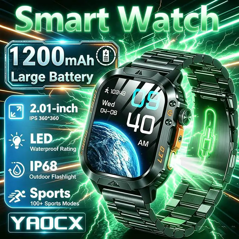 

2026 New HT46 Smart Watch 1200mAh 2.01 Inch LED Flashlight IP68 Bluetooth Call Health Monitoring 100+Sports Mode Smart Watch Men