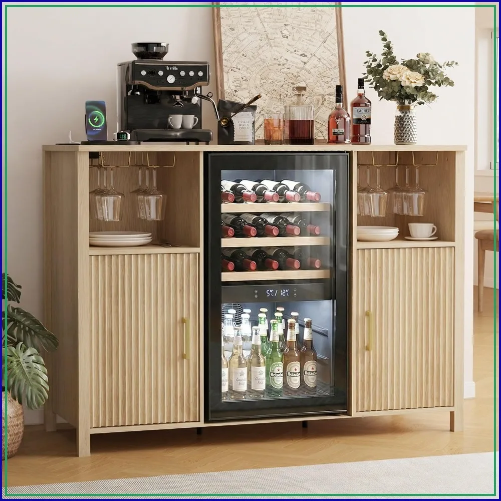 53'' Oak Coffee Bar Cabinet with Power Outlet, Mini Fridge & Wine Storage