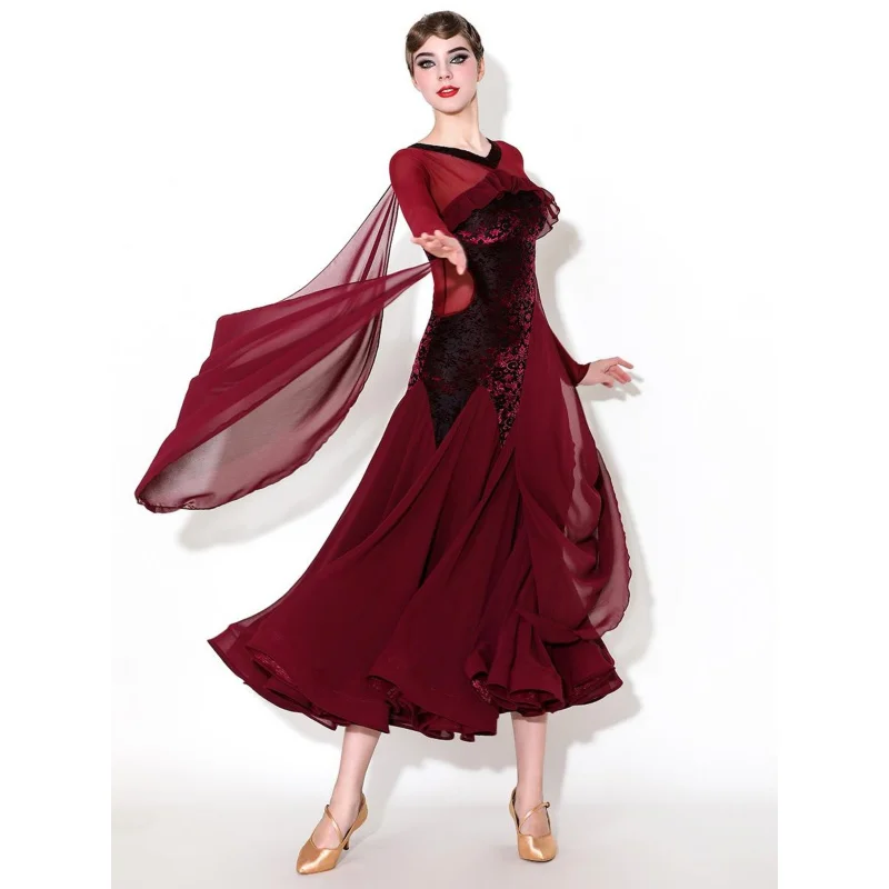 

Pastu Red Wine Feathered New Stylish Modern Dance Dress for Ballroom International Standard Dancing