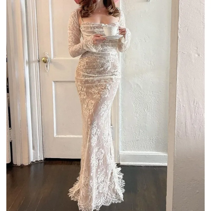 

2026 Spring Celebrity Lace Long Sleeve Vest Suspender Dress Suit Women