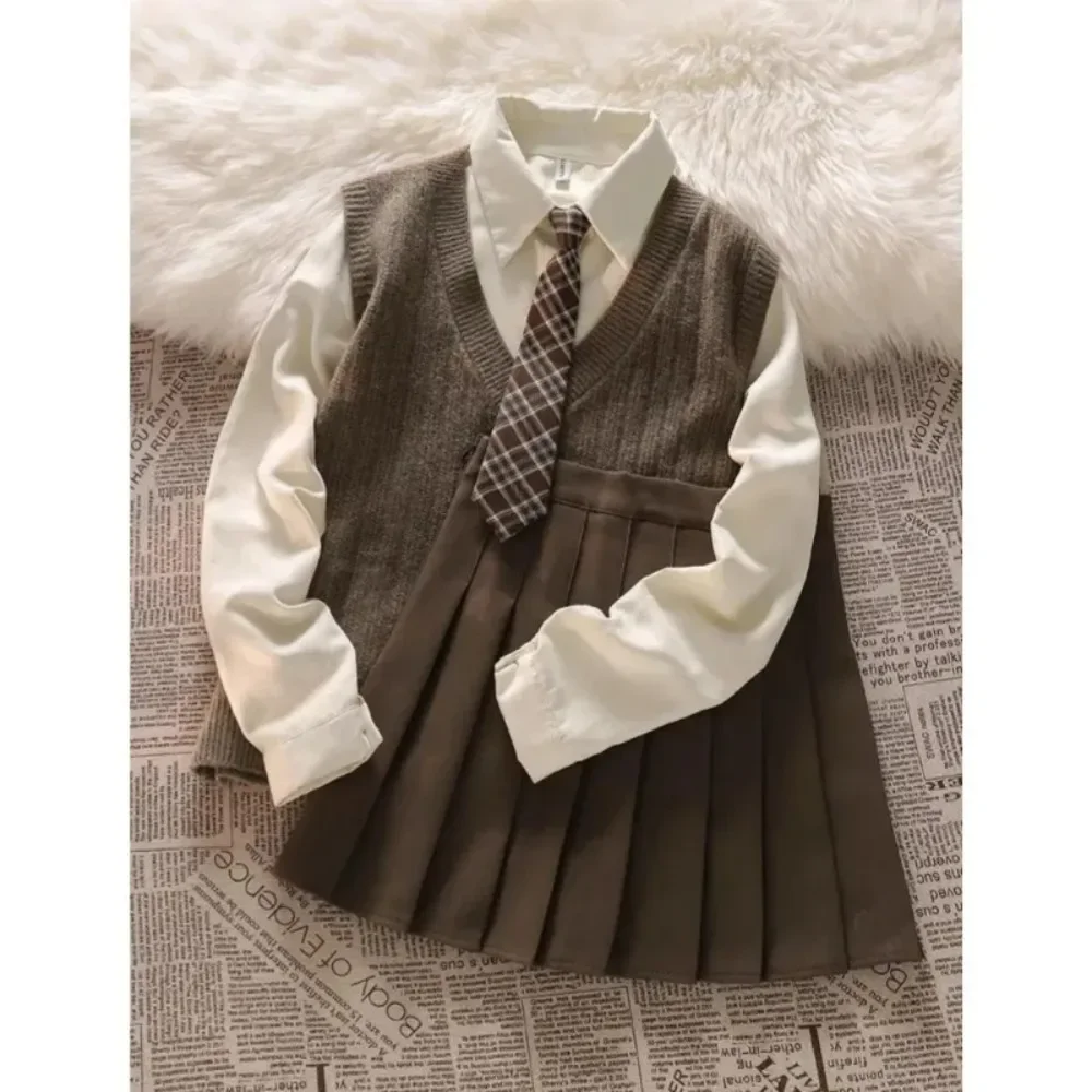 

Teenage Girl Clothing Set Spring and Autumn Fashion Children's Knitted Sweater Tank Top Shirt Half Skirt 3-Piece Set JK Suit