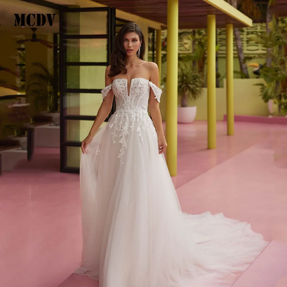 

MCDV Beach Wedding Gowns Applique V-Neck Off Shoulder 2025 Vestidos De Novia Princess Women Tulle Bridal Dresses Customized
