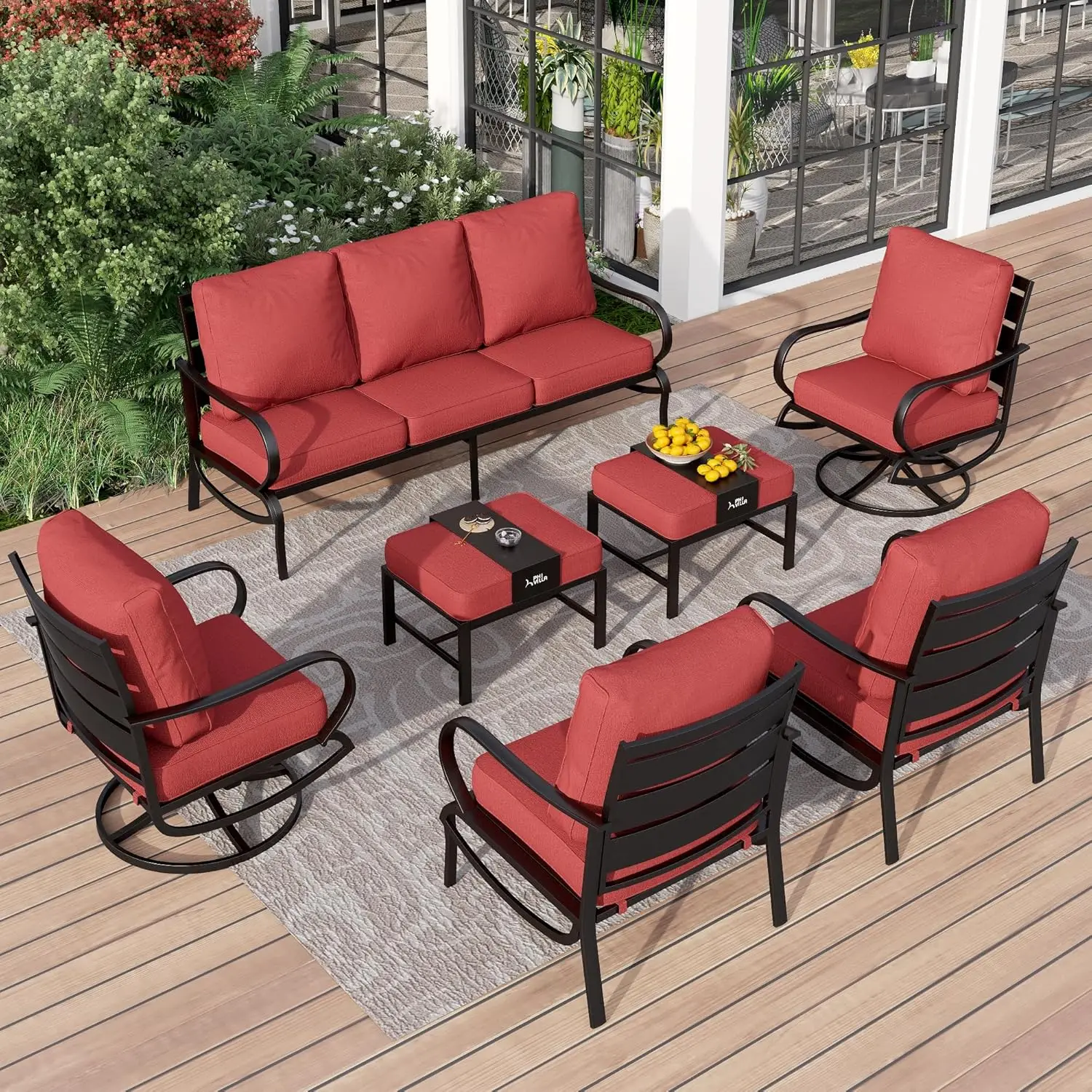 

Metal Outdoor Furniture with 1x 3 Seater Cushioned Deep Seating Bench Sofa, 2 x Leg Sofa Chairs & 2 Ottoman for 7 Person, Red