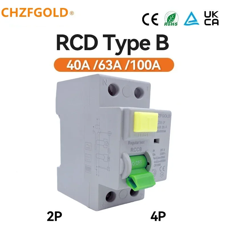 2 pole RCD 10KA 30mA 63A B Type RCCB Circuit Breaker For EV Charger Wallbox