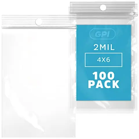 GPI - 4" x 6" - Pack of 100, 2 Mil thick, Clear Plastic Reclosable Zip Bags, Hang Hole For Display, Durable Poly Baggies with R
