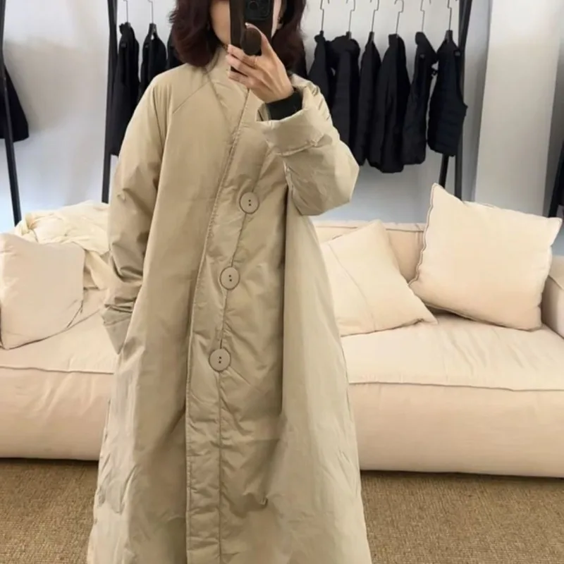 2026 Neuer mittellanger, warmer, lässiger Wintermantel mit lockerem, elegantem, knielangem Design im chinesischen Stil aus Daunenbaumwolle für Damen