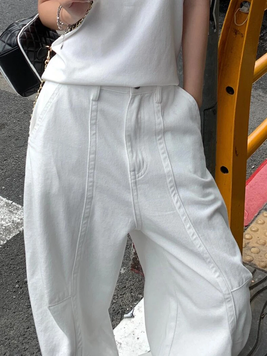 REDDACHIC الرجال الرجعية الأبيض برميل فضفاض الجينز عادية فضفاض منخفضة الخصر جيوب غرزة كلينفيت واسعة الساق الدنيم السراويل البضائع عمال