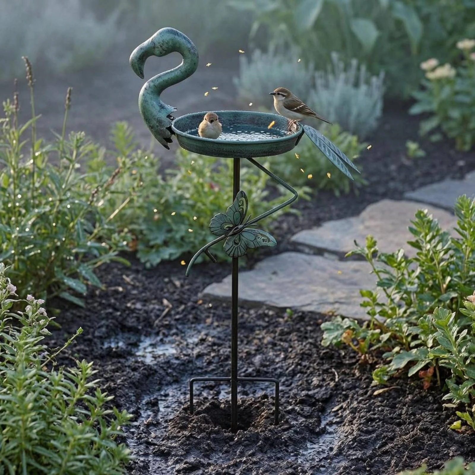 Flamingo Bird Bath Shallow Round Bowl Stake Bird Bath Garden Decor Ground Prong Base Freestanding for Lawn, Yard view 3