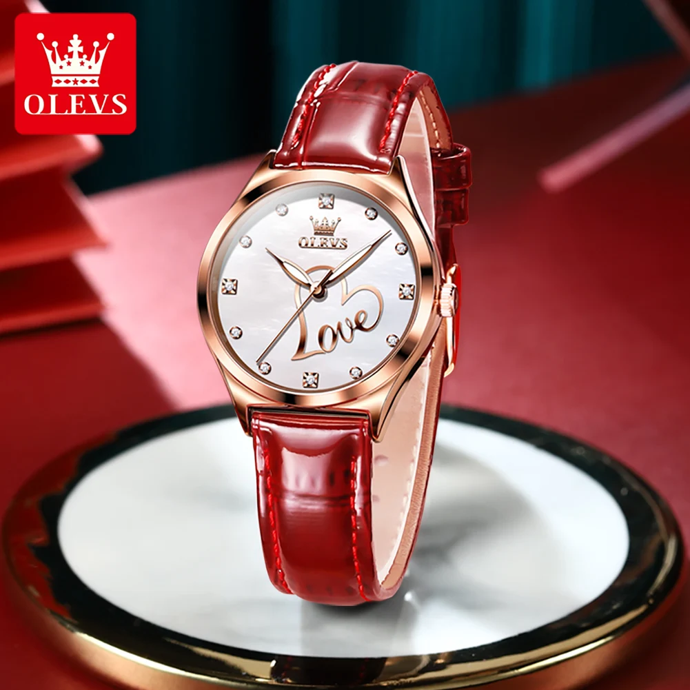 OLEVS-reloj de cuarzo con forma de corazón para mujer, pulsera de cuero elegante Original, resistente al agua, luminoso, 5580