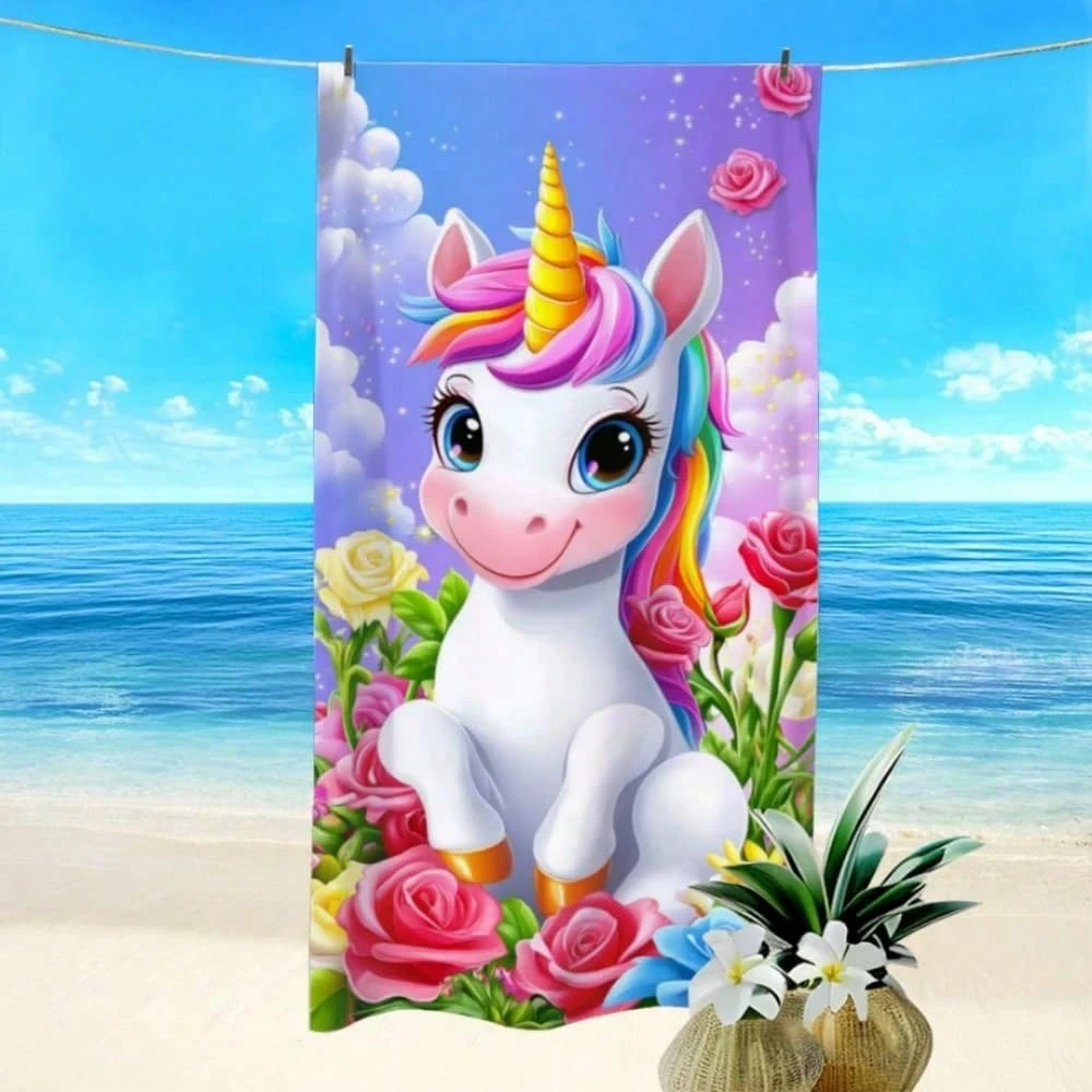 Strandtuch mit niedlichem Einhorn-Cartoon-Print – Mikrofaser, schnell trocknend, übergroße Passform – Strandoutfits, Strandtuch mit Regenbogen-Einhorn-Motiv, Geschenke