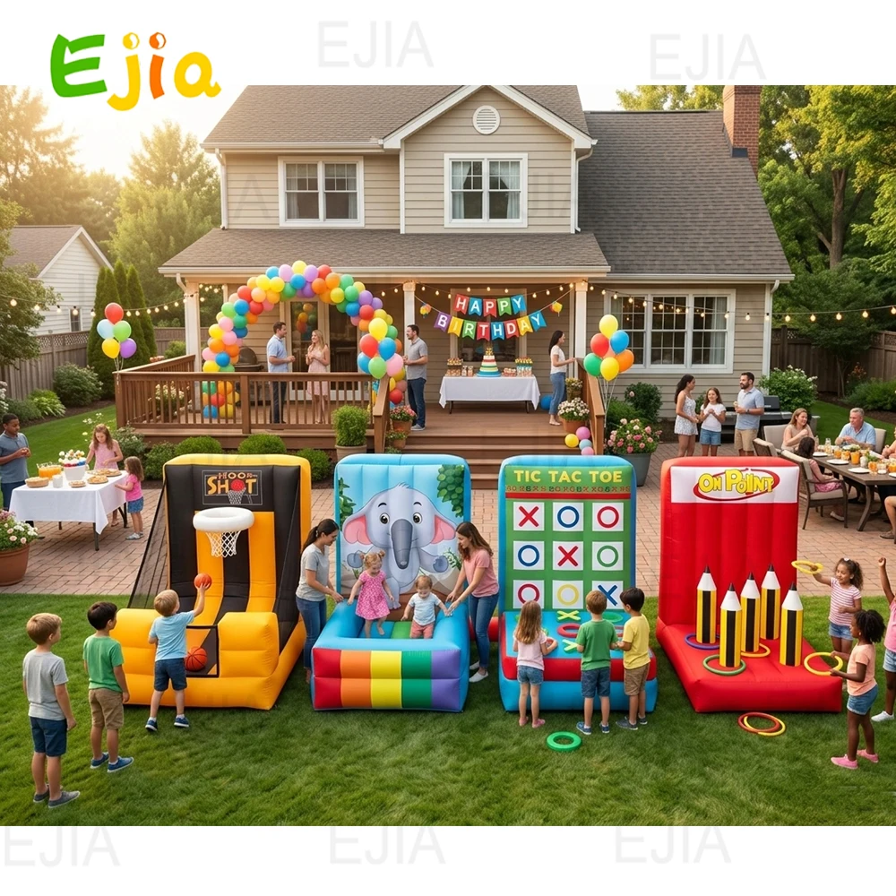 4 in1 Inflatable Sport Games Interactive Carnival Game Combo, Separate Inflatable Basketball Hoop Target Ring Tossing Family Fun