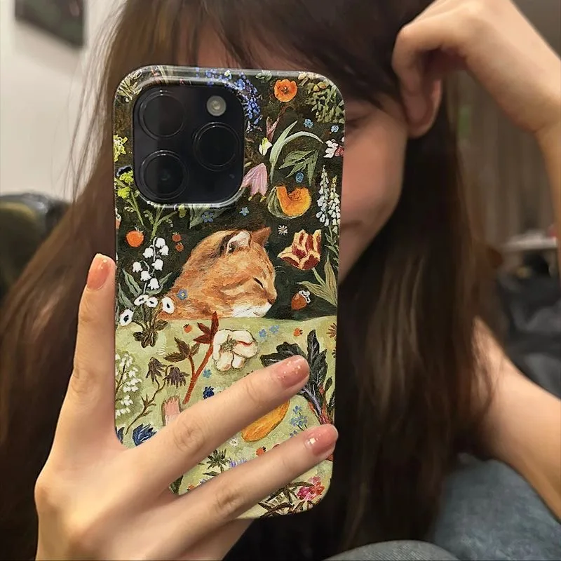 Vintage INS Oil Painting Sleepy Cat & Flowers Cute Animals Artistic Phone Case for iPhone17 16 15 14 11 12 13 Pro Max Plus Cover