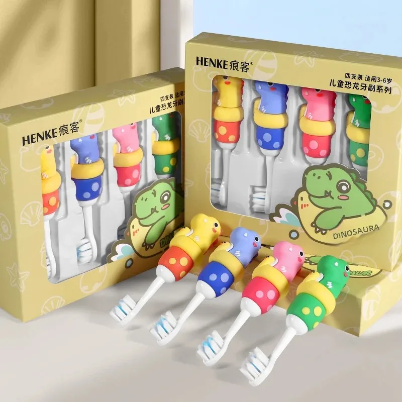 [caixa-de-presente-de-4-pacotes]-serie-dinosaur-alca-removivel-cabelo-macio-limpeza-e-protecao-eficiente-escova-de-dentes-infantil-de-goma
