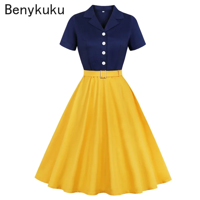 

Navy Blue and Yellow Two Tone Button Up Cotton Elegant Dress Women Belted Rockabilly Vintage Plus Size Midi Dress Woman Clothes