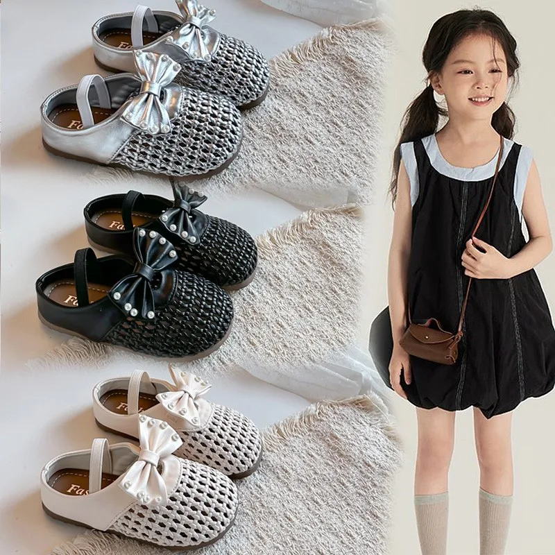 

2026 New Kids Mesh Flat Shoes Breathable Girls Causal Shoes with Pearl Bow Decor School Party Princess Children Ballet Shoes