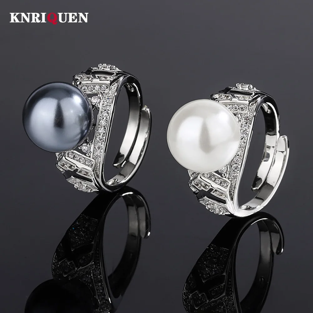 

2023 Trend 12MM White Black Big Pearl Adjustable Rings for Women Lab Diamond Cocktail Party Fine Jewelry Accessories Lady Gift