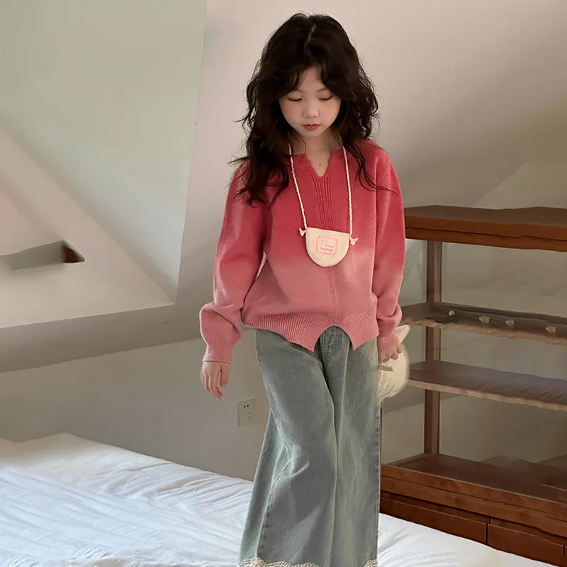 costumes-d'automne-pour-enfants-filles-2-pieces-couleur-degradee-pull-a-manches-longues-dentelle-patchwork-pantalon-en-denim-a-jambes-larges