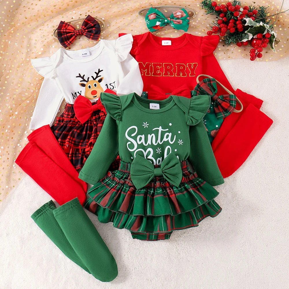 Christmas Baby Costume Merry Christmas Elk Santa Claus Printing 4PCS Romper+Skirt+Headband+Socks Xmas Newborn Jumpsuit 0-24M