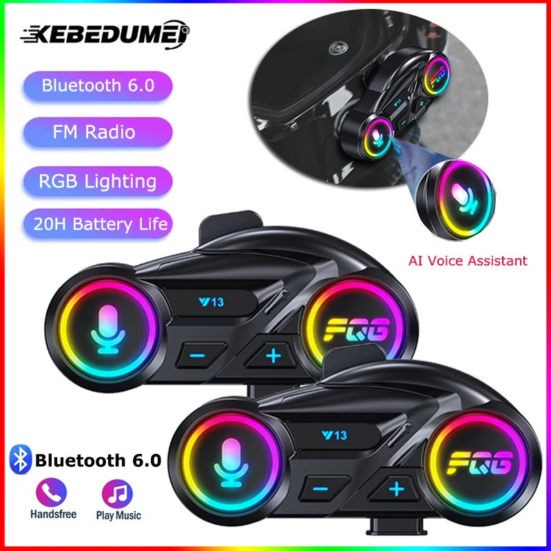

BT6.0 Motorcycle Helmet Headset With FM Radio Handsfree Call Headphone IP56 Waterproof RGB Colorful Lights Music Player Earphone