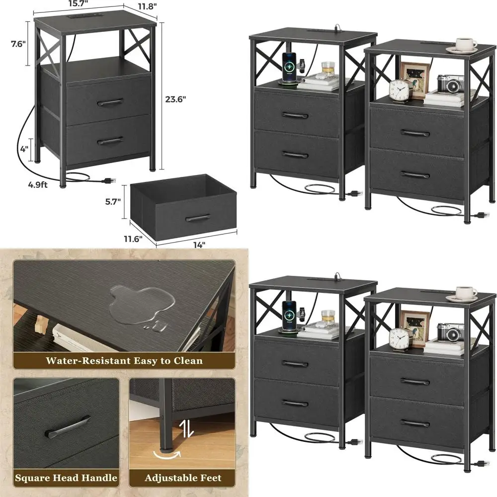 

Pair of Modern Nightstands with USB-C Charging, 2-Drawer Side Tables for Small Spaces, Black