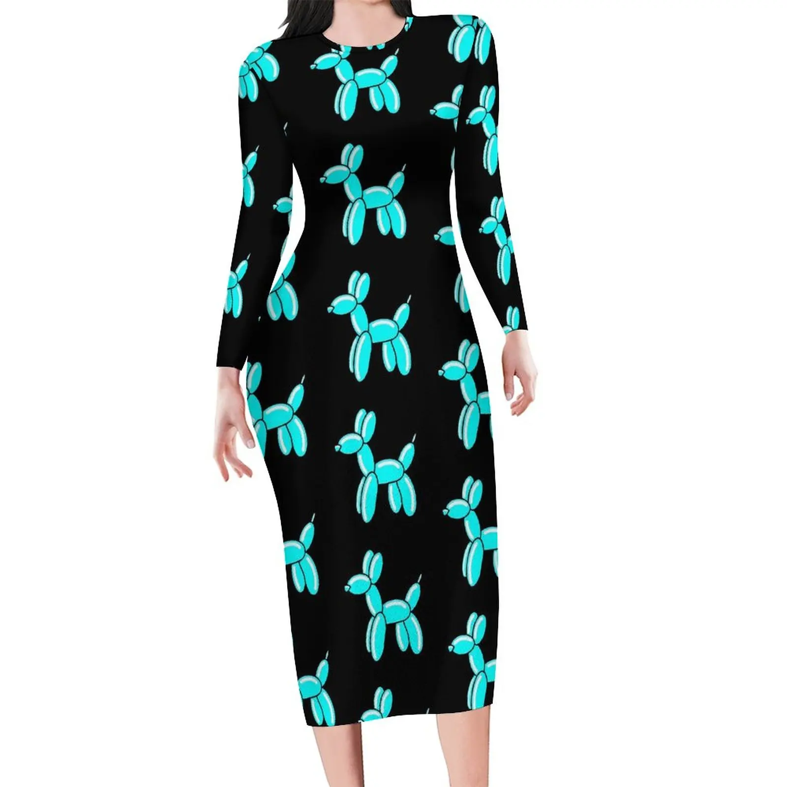 Blue Balloon Dress Long Sleeve Animal Print Modern Dresses Holiday Women Streetwear Pattern Bodycon Dress Large Size