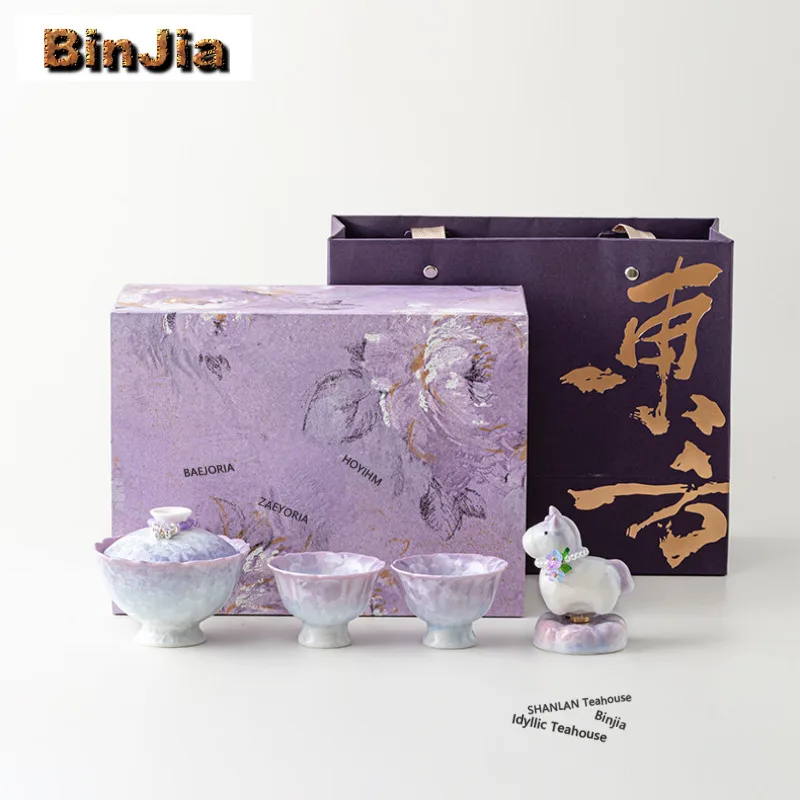 

Purple Horse Auspicious Crystalline Glaze Tea Set Complete Set Elegant Tea Ceremony Set Teapot And Tea Cup Set Service Ornaments