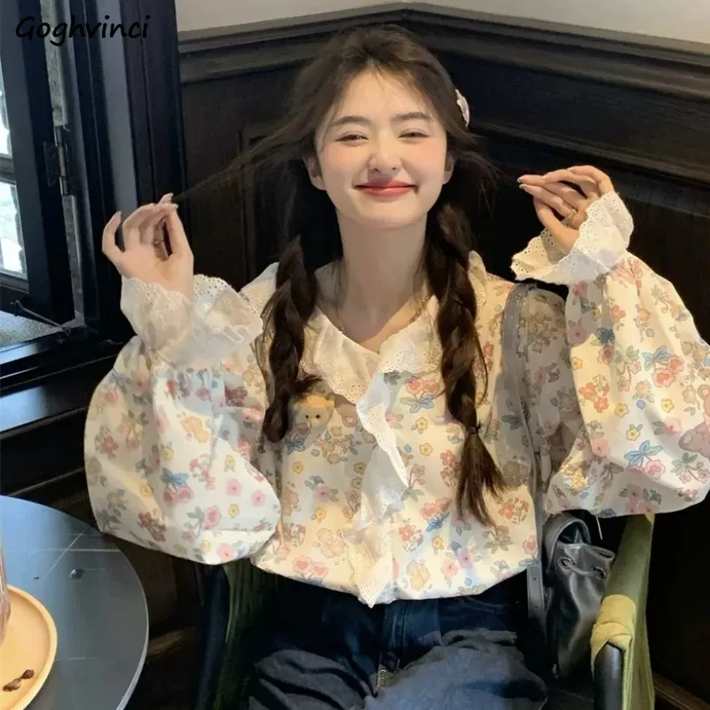 

Милые повседневные рубашки, женские возрастные кружевные лоскутные уличные рубашки с цветочным принтом, универсальные свободные оборки, эстетичная мода 2024