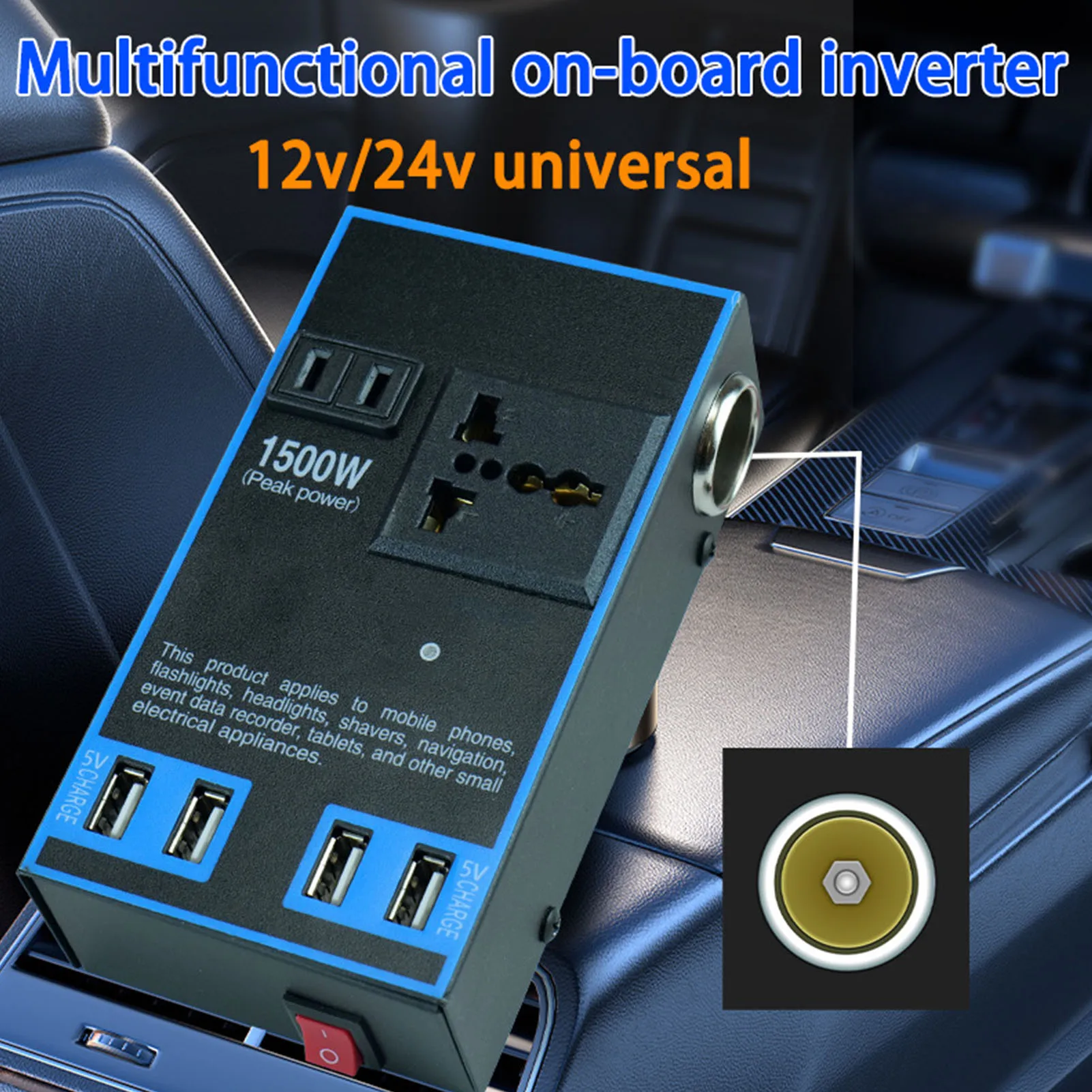 Car Power Converter Inverter Car Power Inverter 12V 24V to 110V 220V 1500W Multifunctional Truck Home Outlet Power Converter